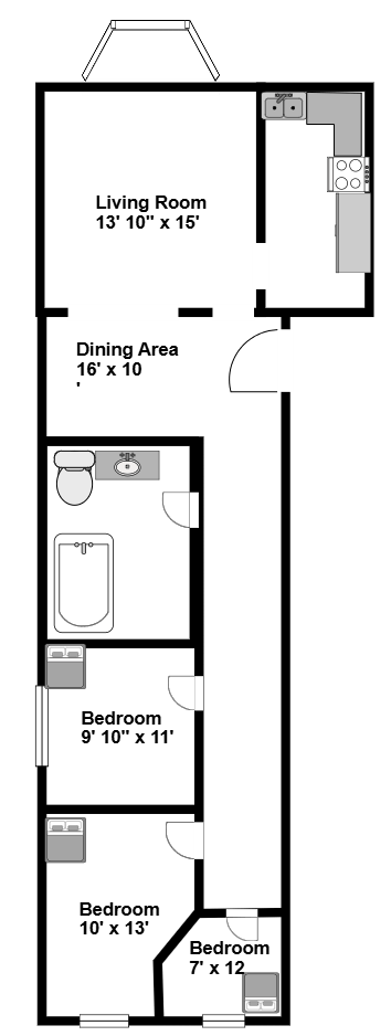 A floor plan of a house with a living room, dining area, and three bedrooms.